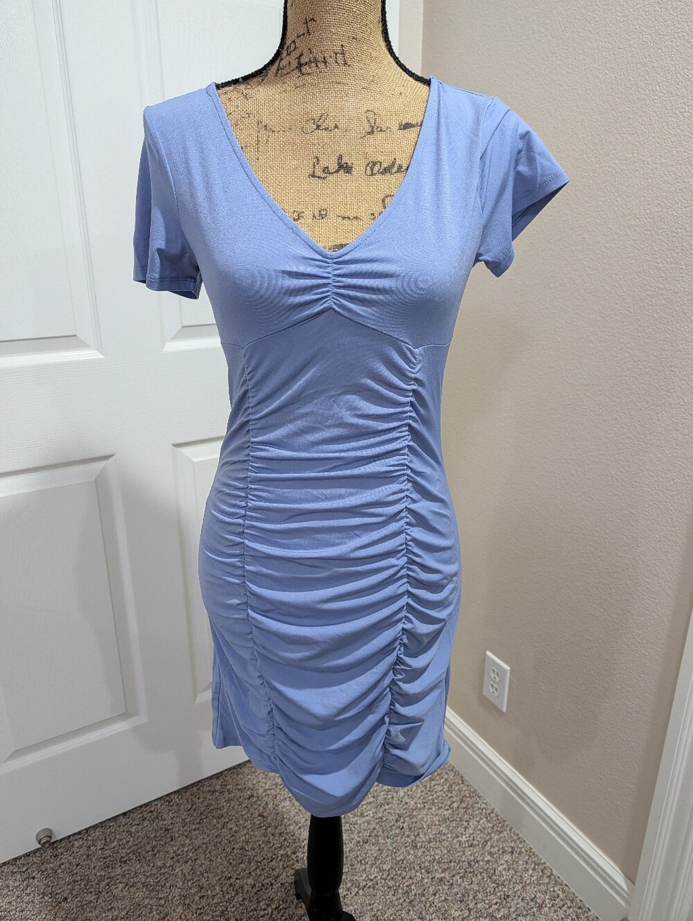 Ambiance Light Blue Ruched V-Neck Mini Dress